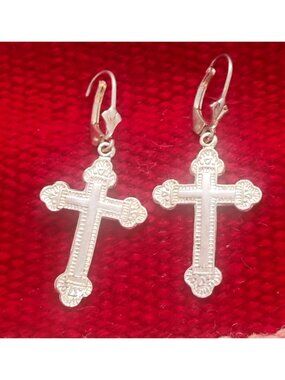925 Sterling Silver Cross Earrings Dangle Large Orthodox Style 1.5" Long